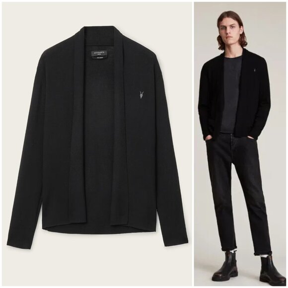AllSaints Mode Merino Ramskull Open Cardigan Wool Ribbed Knit size L Minimalist - Picture 1 of 14